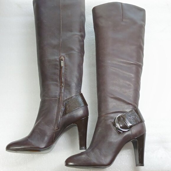 Gianni Bini Dark Brown Leather Knee High Stiletto Boots Women's 8 18¾" Shaft VG - Picture 1 of 15